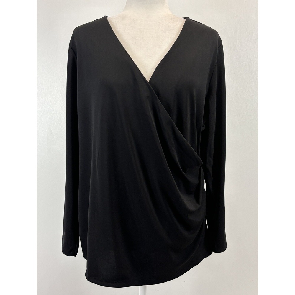 NEW! Talbots Black Faux Wrap Top Shirt 2XP Plus Petites Long Sleeve Vneck